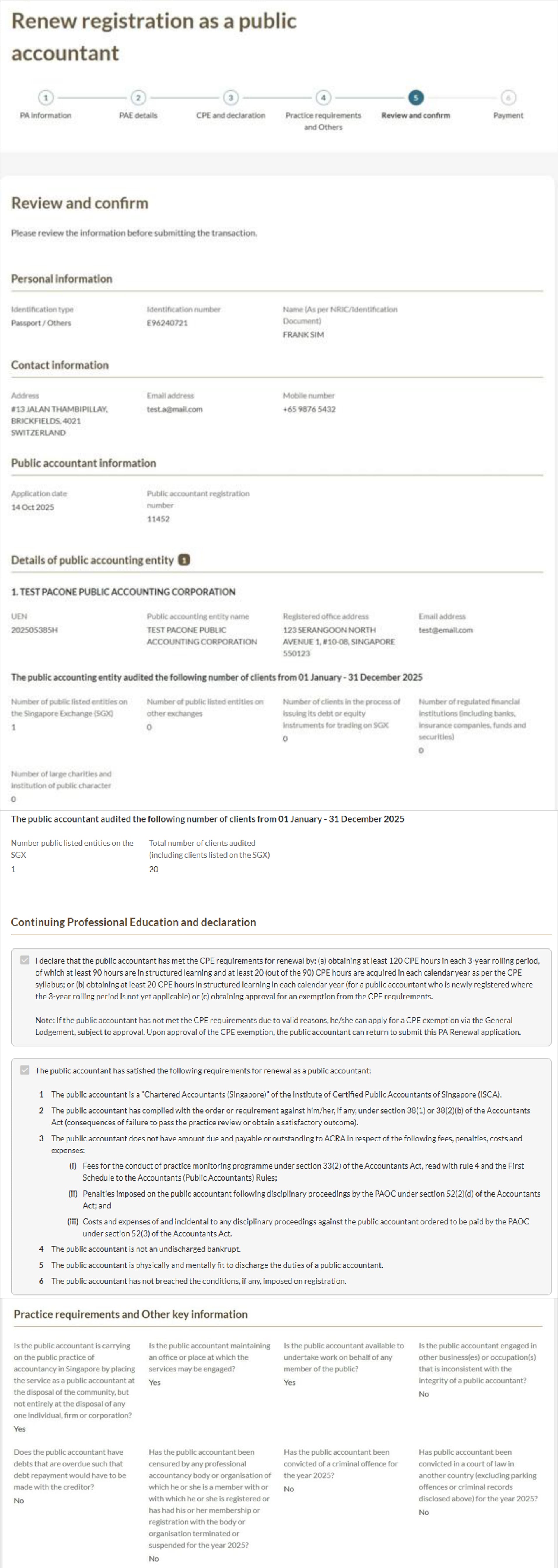 Review and confirm page showing all entered PA registration renewal details